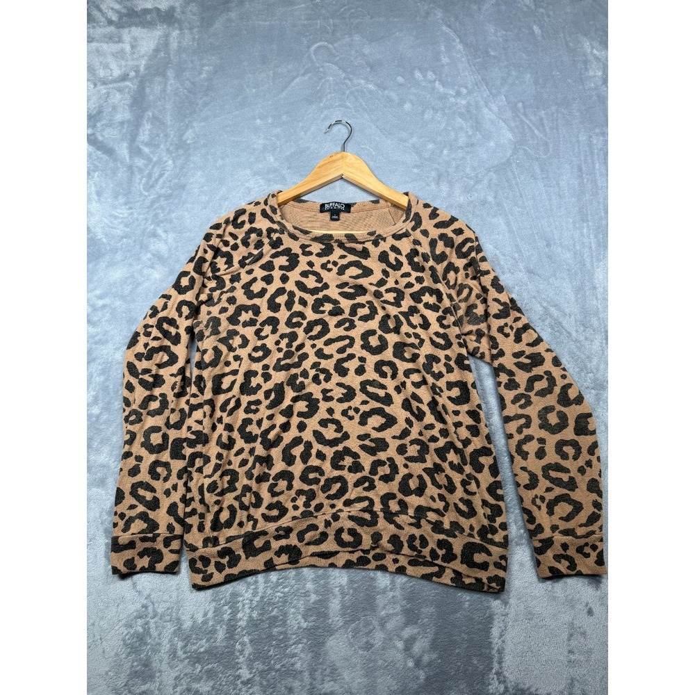 Buffalo David Bitton Knit Sweater Womens Large Tan Black Leopard Print Crew Neck